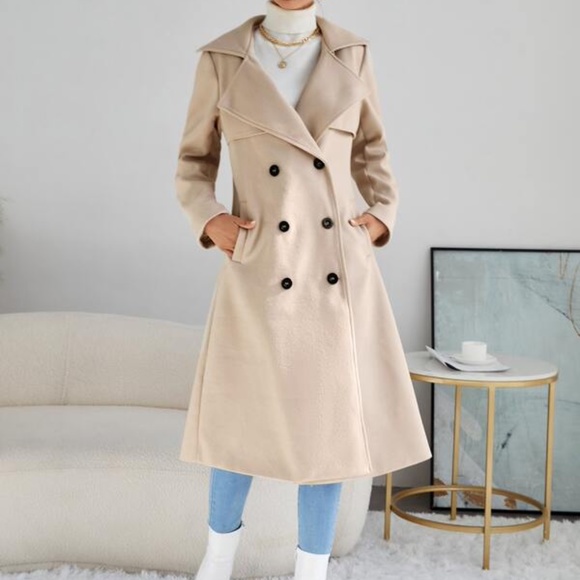 Cream wide collar button double breast trench Coat - Picture 2 of 9
